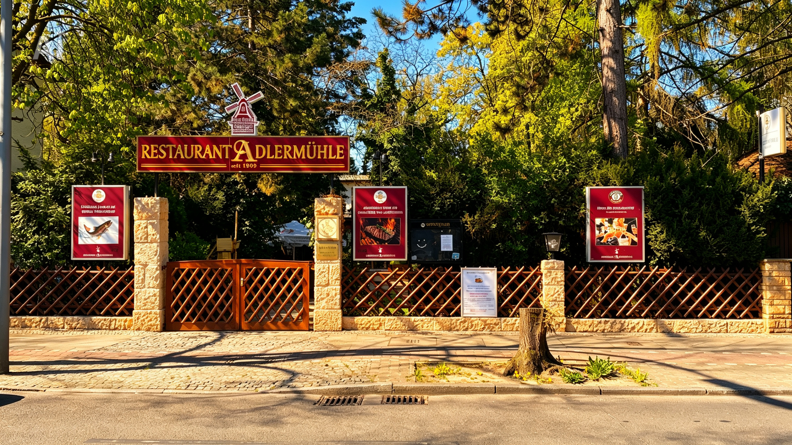 Eingang Restaurant Adlermühle – Biergarten und Restaurantgrundstück
