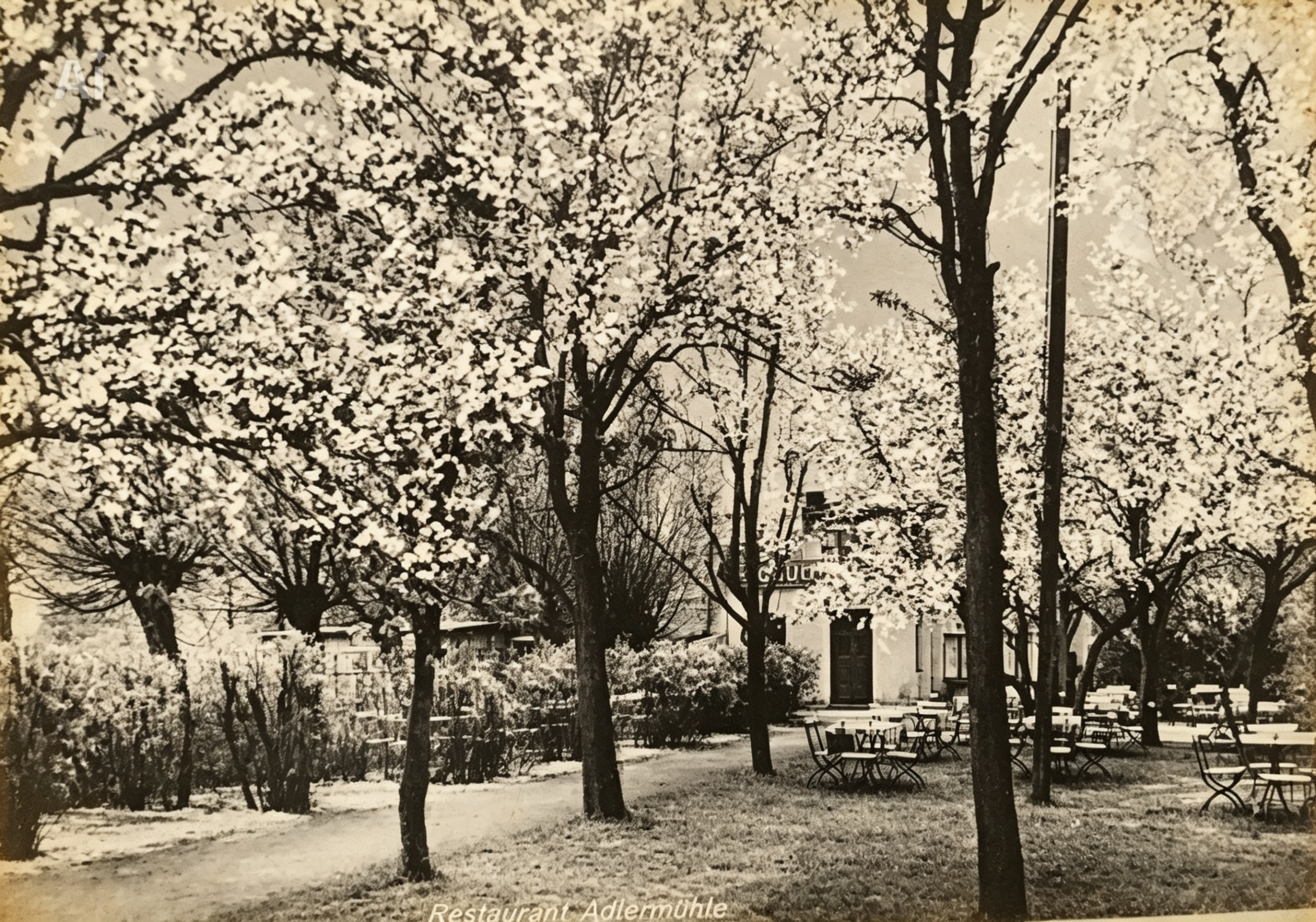 Restaurant Adlermühle – historische Aufnahme, Biergarten mit Kirschblüten